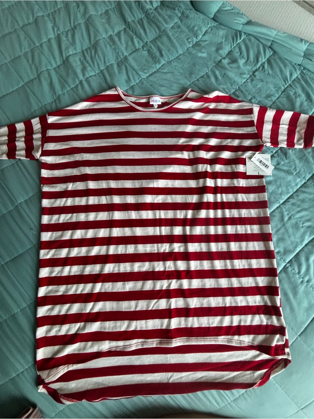 LuLaRoe Red & White Striped Irma Tunic.